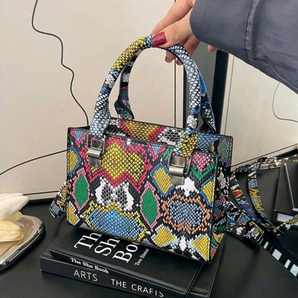 Colorful Snakeskin Print Top-Handle Bag